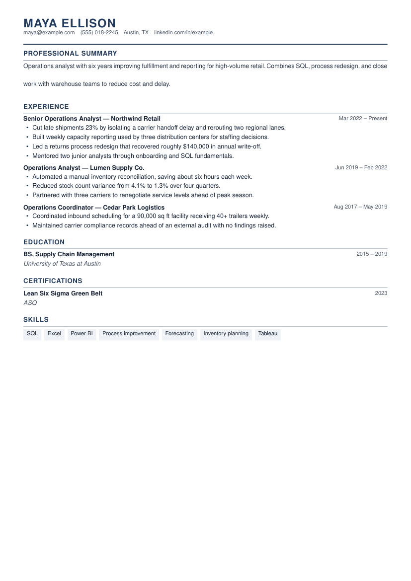 Compact ATS-friendly resume template preview: single-column layout with a professional summary, experience, education, certifications and skills sections